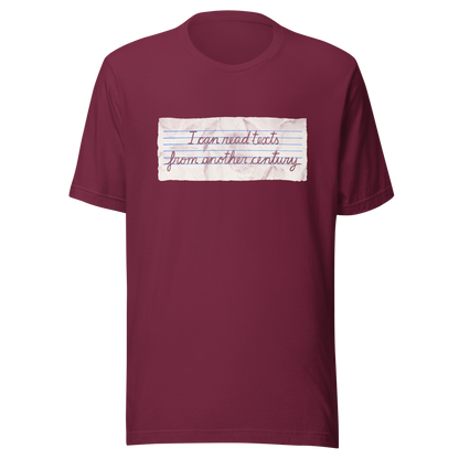 A minimalist artwork featuring handwritten lettering on crumpled, vintage notebook-style paper. The phrase “I can read texts from another century” blends nostalgia and ironic humour, making it perfect for book lovers, history enthusiasts, and literary nerds.