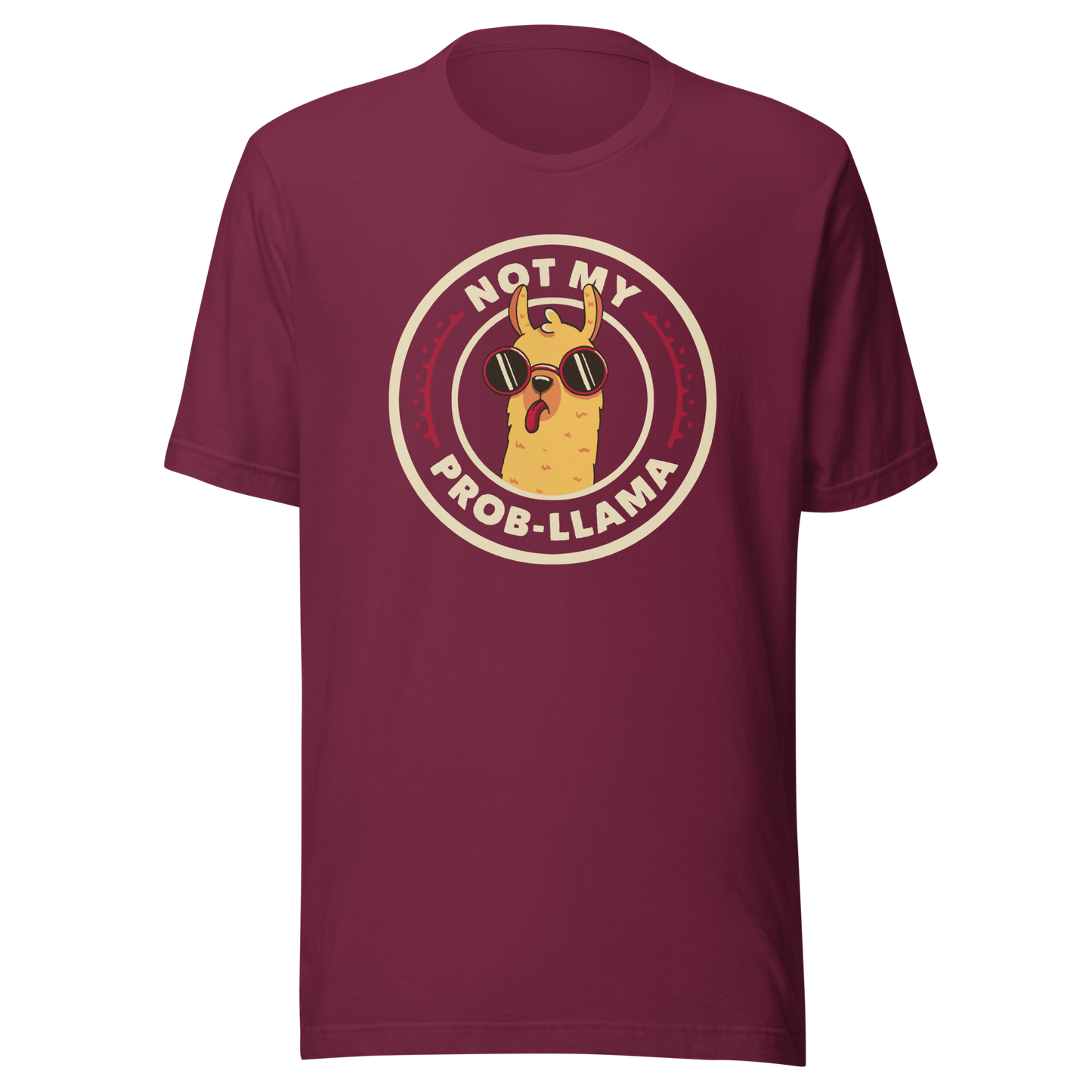 A delightful stamp-style illustration featuring a playful llama wearing sunglasses and sticking out its tongue. Framing the image is the witty phrase “Not My Prob-Llama,” adding a humorous twist to the llama’s carefree attitude. Fun, lighthearted, and full of personality, this artwork is perfect for anyone who loves llamas and enjoys a touch of sarcastic humor.