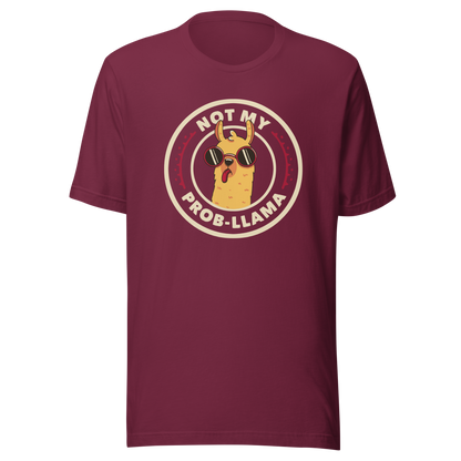 A delightful stamp-style illustration featuring a playful llama wearing sunglasses and sticking out its tongue. Framing the image is the witty phrase “Not My Prob-Llama,” adding a humorous twist to the llama’s carefree attitude. Fun, lighthearted, and full of personality, this artwork is perfect for anyone who loves llamas and enjoys a touch of sarcastic humor.