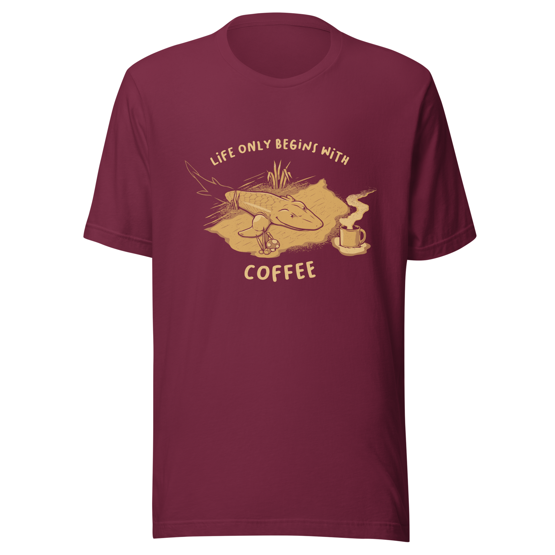 This funny illustration shows a tadpole evolving into a terrestrial creature while reaching for a cup of coffee. Paired with the phrase ‘Life Begins After Coffee Evolution’, the artwork humorously compares human evolution to our daily need for coffee.