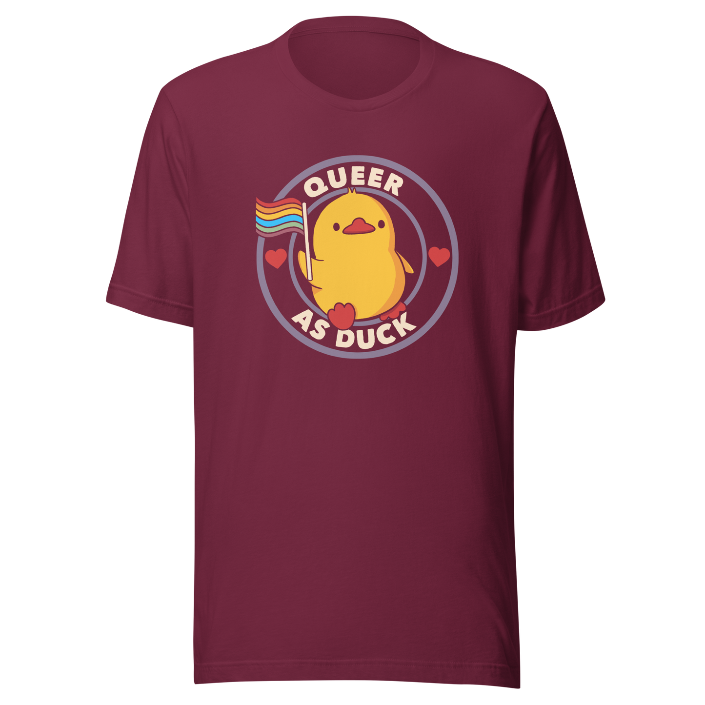A stamp featuring an adorable duckling holding the LGBTQ flag, surrounded by the text "Queer as Duck". This charming artwork serves as a perfect way to display your support for LGBTQ rights.
