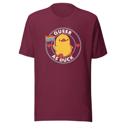 A stamp featuring an adorable duckling holding the LGBTQ flag, surrounded by the text "Queer as Duck". This charming artwork serves as a perfect way to display your support for LGBTQ rights.
