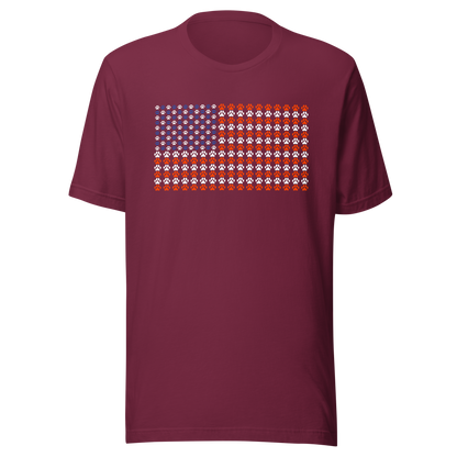 An artistic reinterpretation of the United States flag formed entirely by countless small paw prints. Blending patriotism with pet love, this creative design celebrates animal lovers, dogs, cats, and the special bond between people and their furry companions.