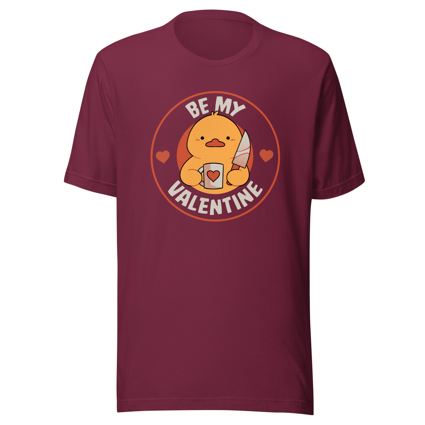 A cute duckling holding a heart-shaped coffee mug and a small knife, paired with the phrase ‘Be My Valentine Funny Duck’. A playful mix of cuteness and dark humor, perfect for coffee lovers and fans of ironic, quirky art.