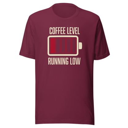 A minimalist artwork featuring a nearly empty battery indicator paired with the phrase ‘Coffee Level Running Low.’ A witty and relatable design for coffee lovers, caffeine addicts, office workers, students, and anyone who runs on coffee to get through the day.
