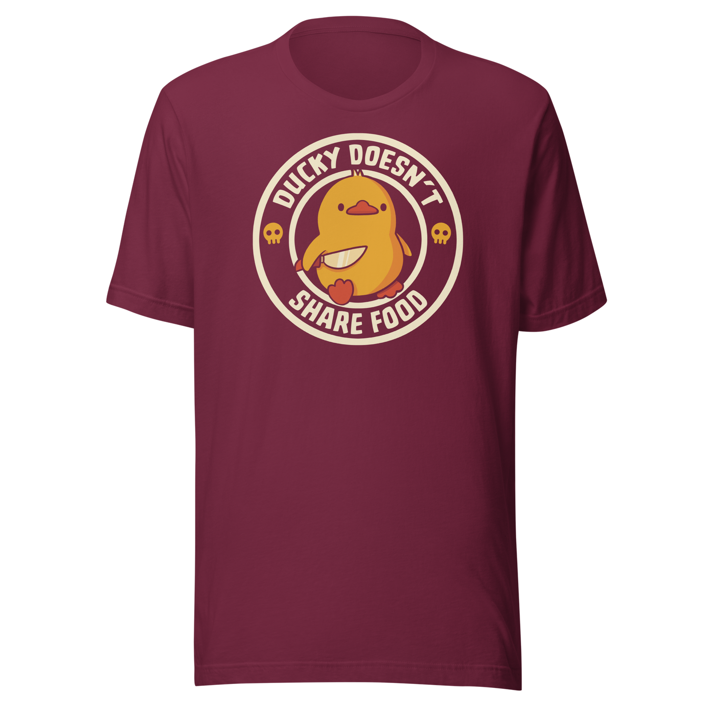 A cute yellow duck holding a small knife, paired with the phrase “Ducky Doesn’t Share Food”. A funny and sarcastic design that contrasts adorable looks with an aggressive, food-protective duck attitude.