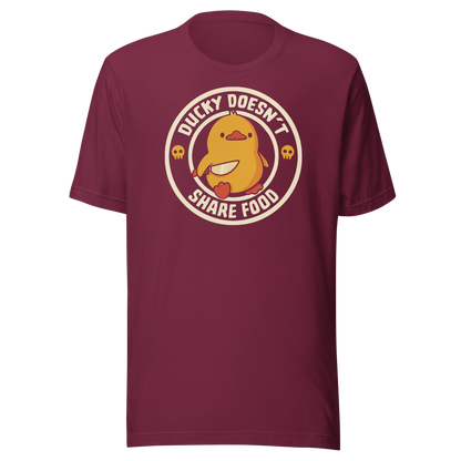 A cute yellow duck holding a small knife, paired with the phrase “Ducky Doesn’t Share Food”. A funny and sarcastic design that contrasts adorable looks with an aggressive, food-protective duck attitude.
