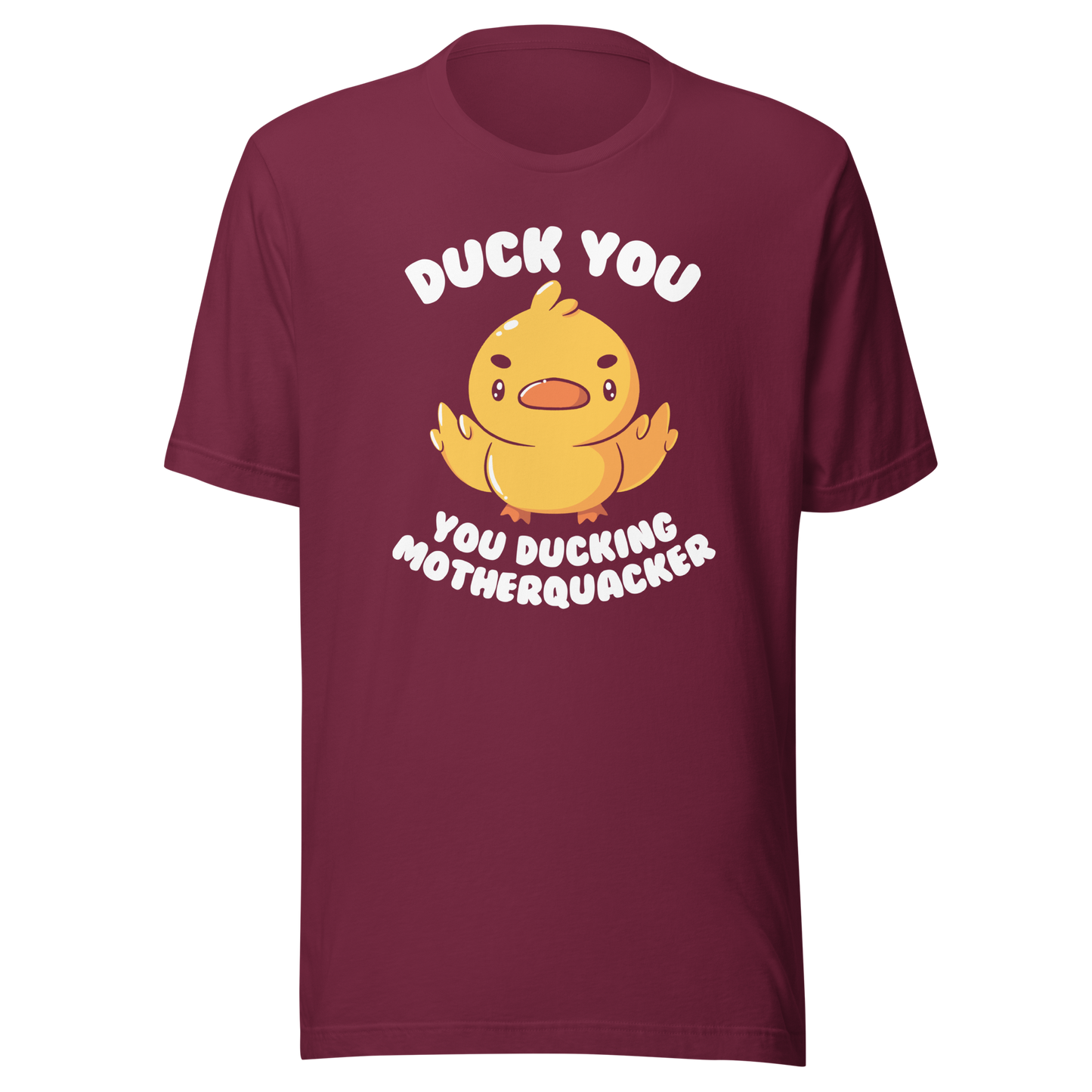 A cute yellow duckling with a mean face showing his middle fingers, next to it the phrase "Duck You, you ducking motherquacker". An art with humor for those who love ducks.