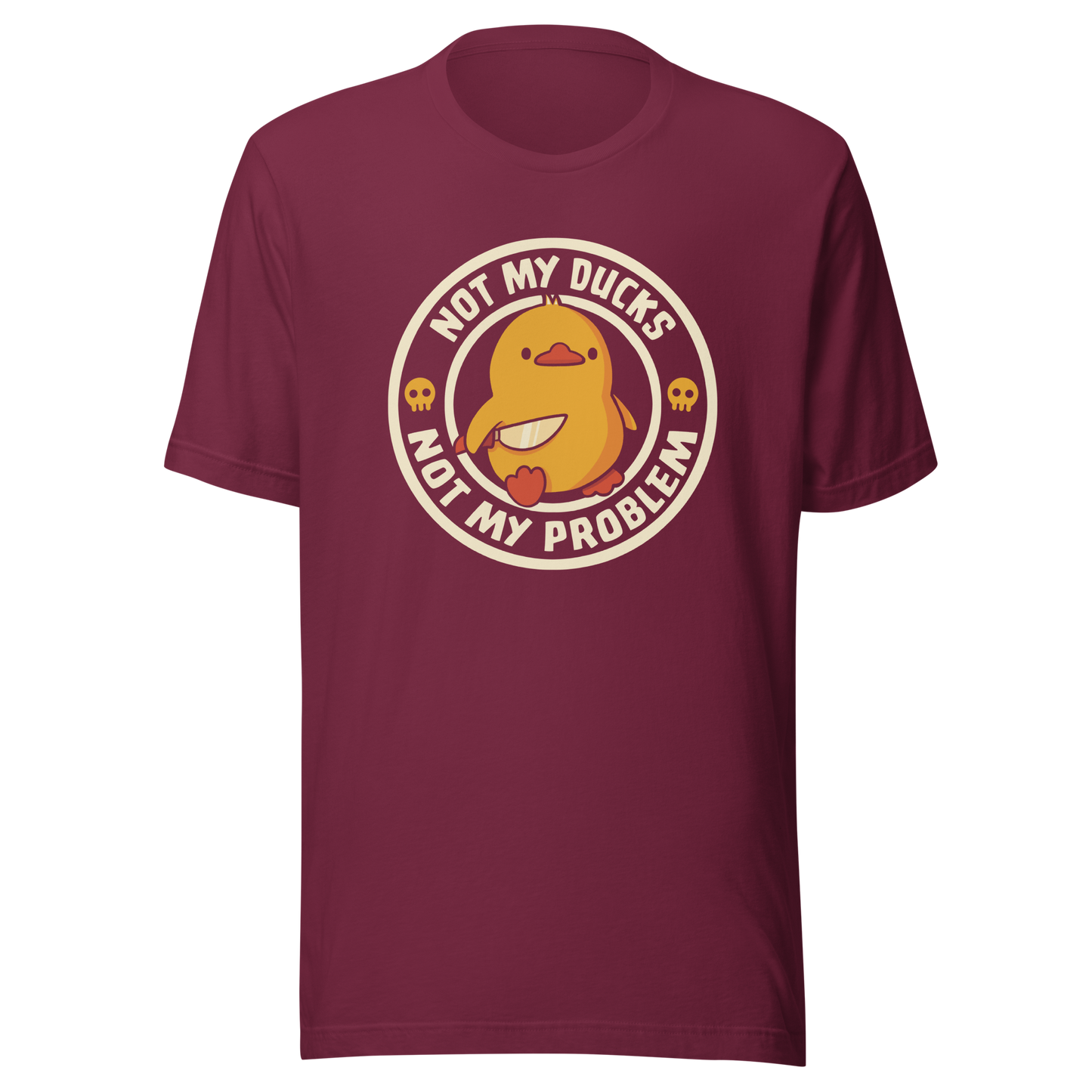 A cute yellow duck holding a tiny knife with an unexpectedly fierce attitude. Around it, the phrase "Not My Ducks Not My Problem" adds a sarcastic twist to the sweet but chaotic vibe. A playful design that blends humor, duck drama, and a touch of unapologetic mischief, perfect for fans of witty, slightly unhinged art.