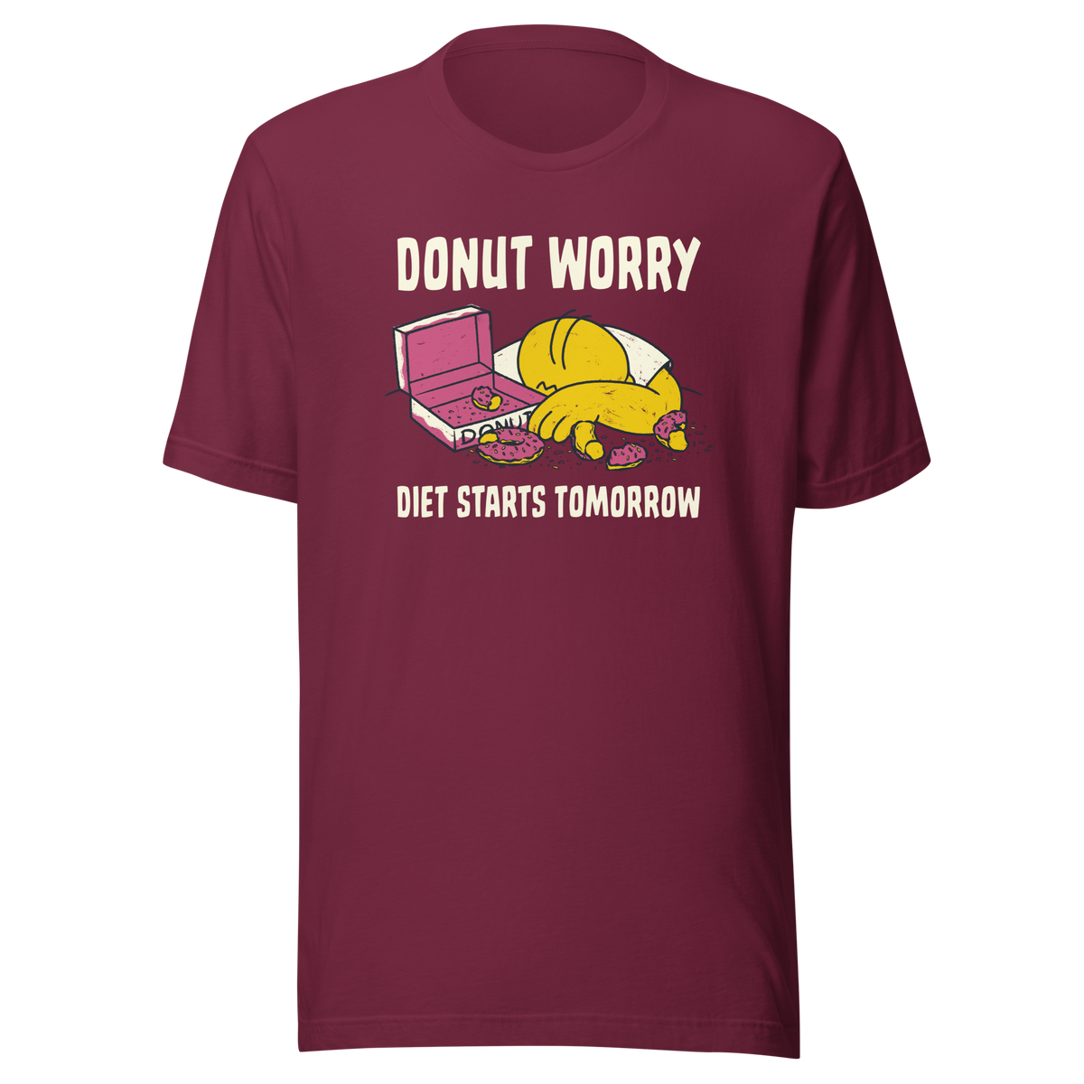 A playful design featuring a sleepy yellow cartoon character next to an open box of donuts, surrounded by crumbs and icing, with the phrase “Donut Worry Diet Starts Tomorrow”. Sweet, relatable and full of humor, it’s the perfect gift for donut lovers and anyone who believes diets can always start tomorrow.