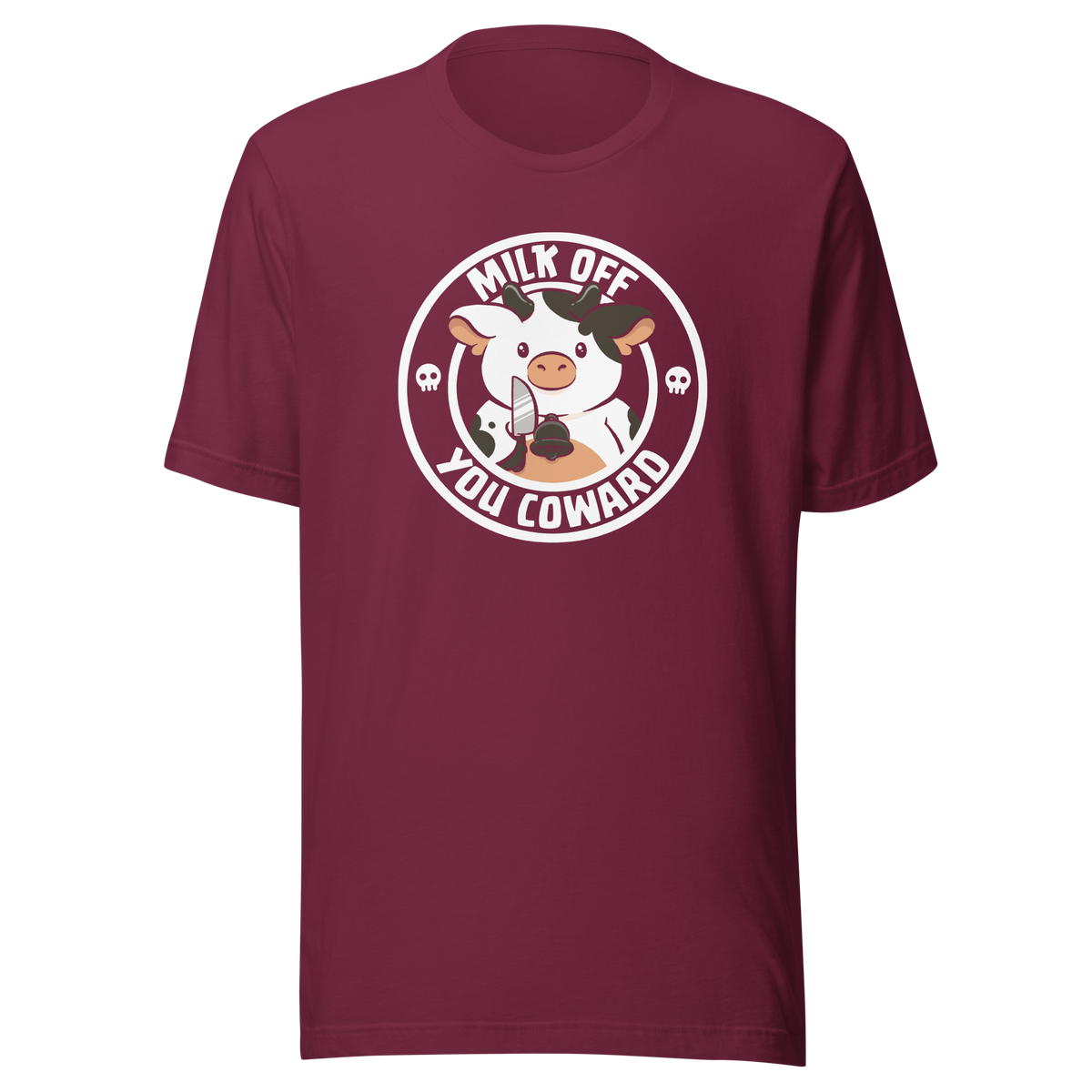 A quirky stamp-style design featuring a cute spotted cow holding a knife alongside the phrase "Milk Off You Coward". Blending dark humour with a cheeky attitude, this playful design is perfect for cow lovers, fans of sarcastic humour, and anyone who enjoys bold, irreverent artwork.