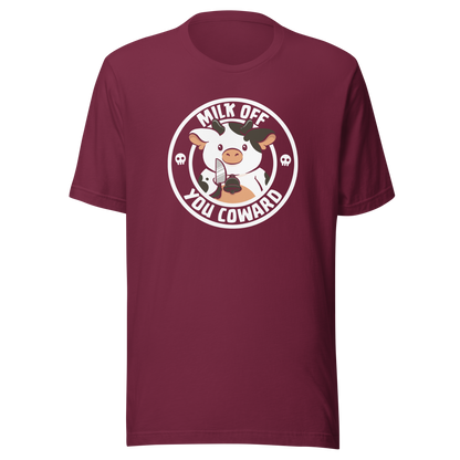 A quirky stamp-style design featuring a cute spotted cow holding a knife alongside the phrase "Milk Off You Coward". Blending dark humour with a cheeky attitude, this playful design is perfect for cow lovers, fans of sarcastic humour, and anyone who enjoys bold, irreverent artwork.