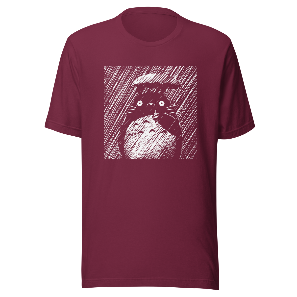 A large forest spirit stands still in the rain, holding a tiny umbrella while soaking in the storm. This black and white design captures a quiet, emotional moment with a vintage, textured style.
