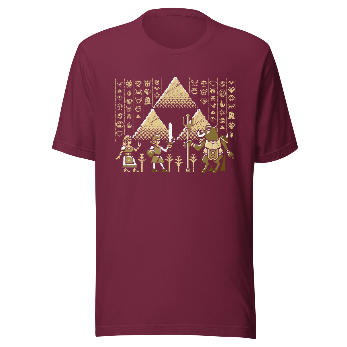 A pixel-style hero, princess, and beast clash in front of golden pyramids and mysterious symbols. This retro fantasy design blends ancient power with classic 8-bit vibes — perfect for old-school adventurers.