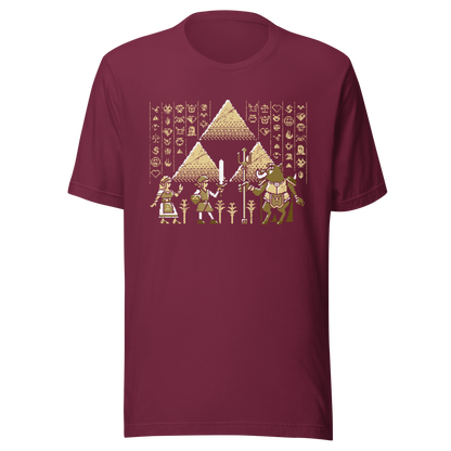 A pixel-style hero, princess, and beast clash in front of golden pyramids and mysterious symbols. This retro fantasy design blends ancient power with classic 8-bit vibes — perfect for old-school adventurers.