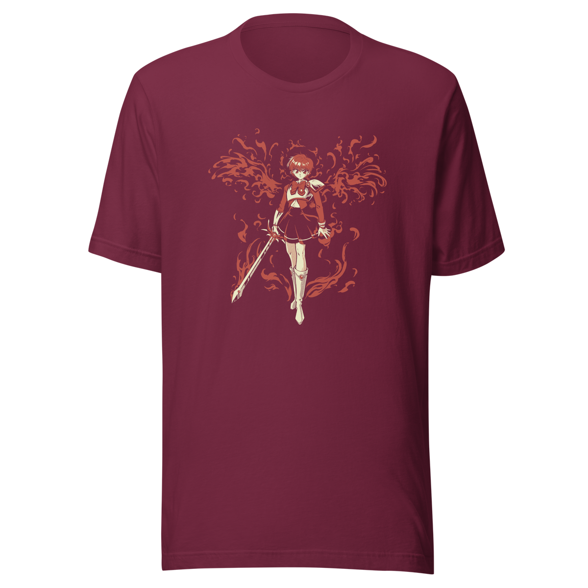 Anime-style girl holding a sword, surrounded by flowing red flames.