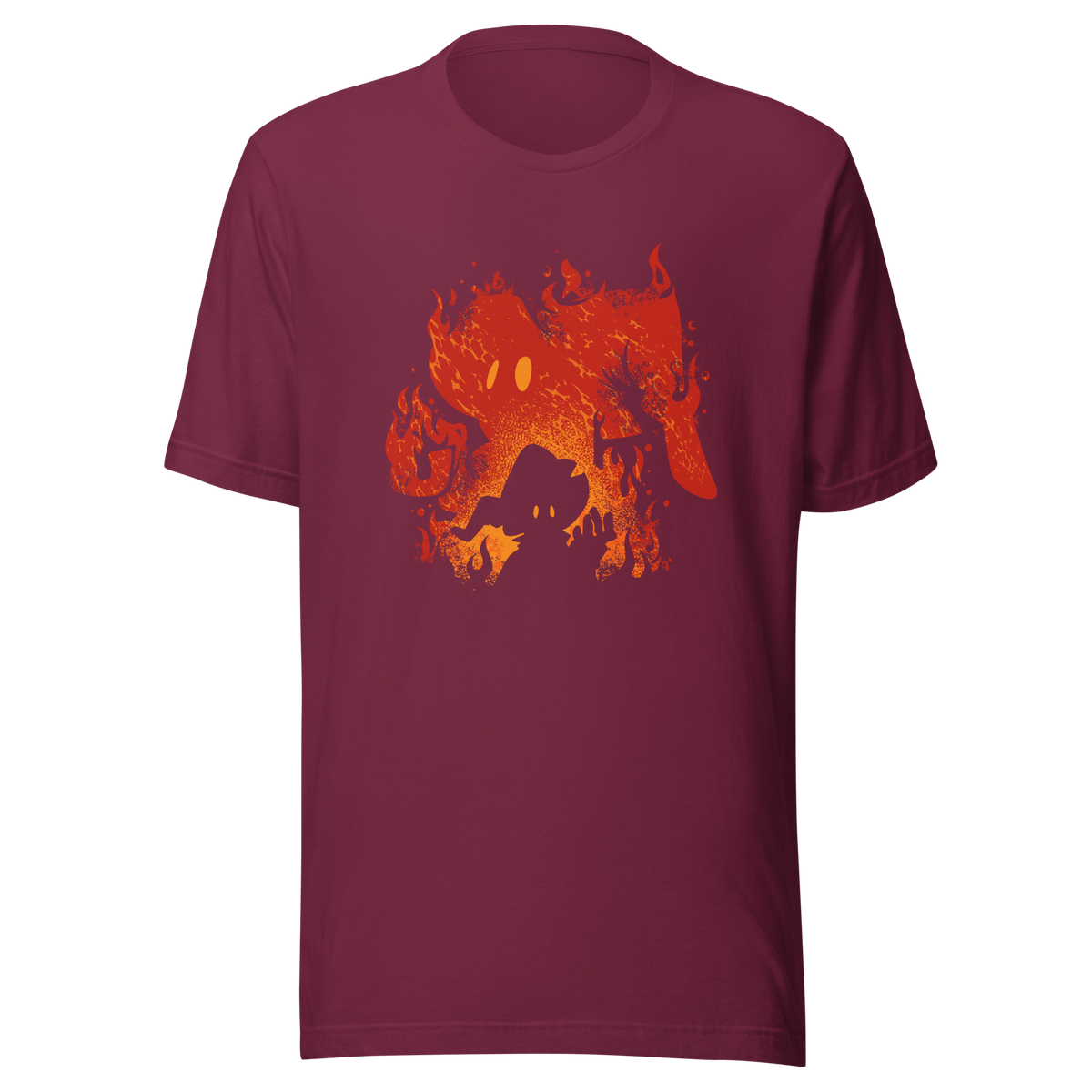 The silhouette of a character wearing a pointed hat emerges against a backdrop of their own shadow engulfed in flames, featuring a weathered texture. A striking design that evokes dark fantasy, magic, and fire.