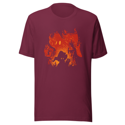 The silhouette of a character wearing a pointed hat emerges against a backdrop of their own shadow engulfed in flames, featuring a weathered texture. A striking design that evokes dark fantasy, magic, and fire.