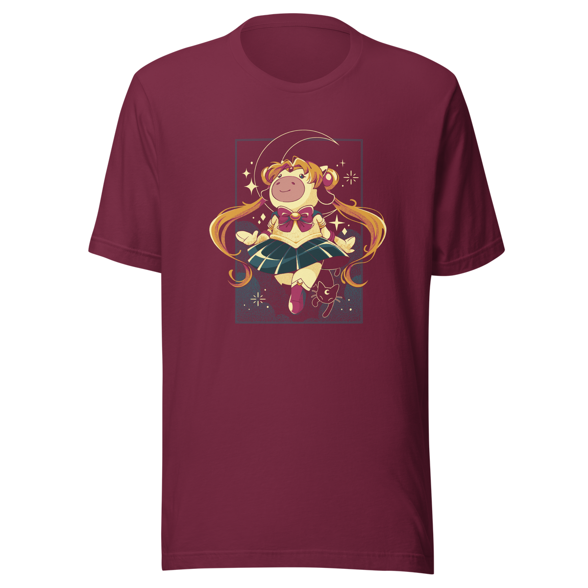 A cute and whimsical anime-inspired illustration featuring a magical cow girl with long flowing twin tails, sparkling stars, and a crescent moon backdrop.