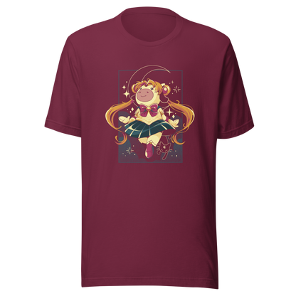 A cute and whimsical anime-inspired illustration featuring a magical cow girl with long flowing twin tails, sparkling stars, and a crescent moon backdrop.