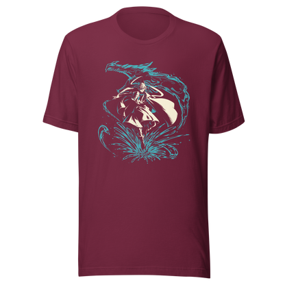 A fantasy warrior in flowing robes strides through a dramatic splash of water, framed by a massive serpentine dragon-like creature. The teal and cream artwork creates a powerful, mystical sense of motion and energy.