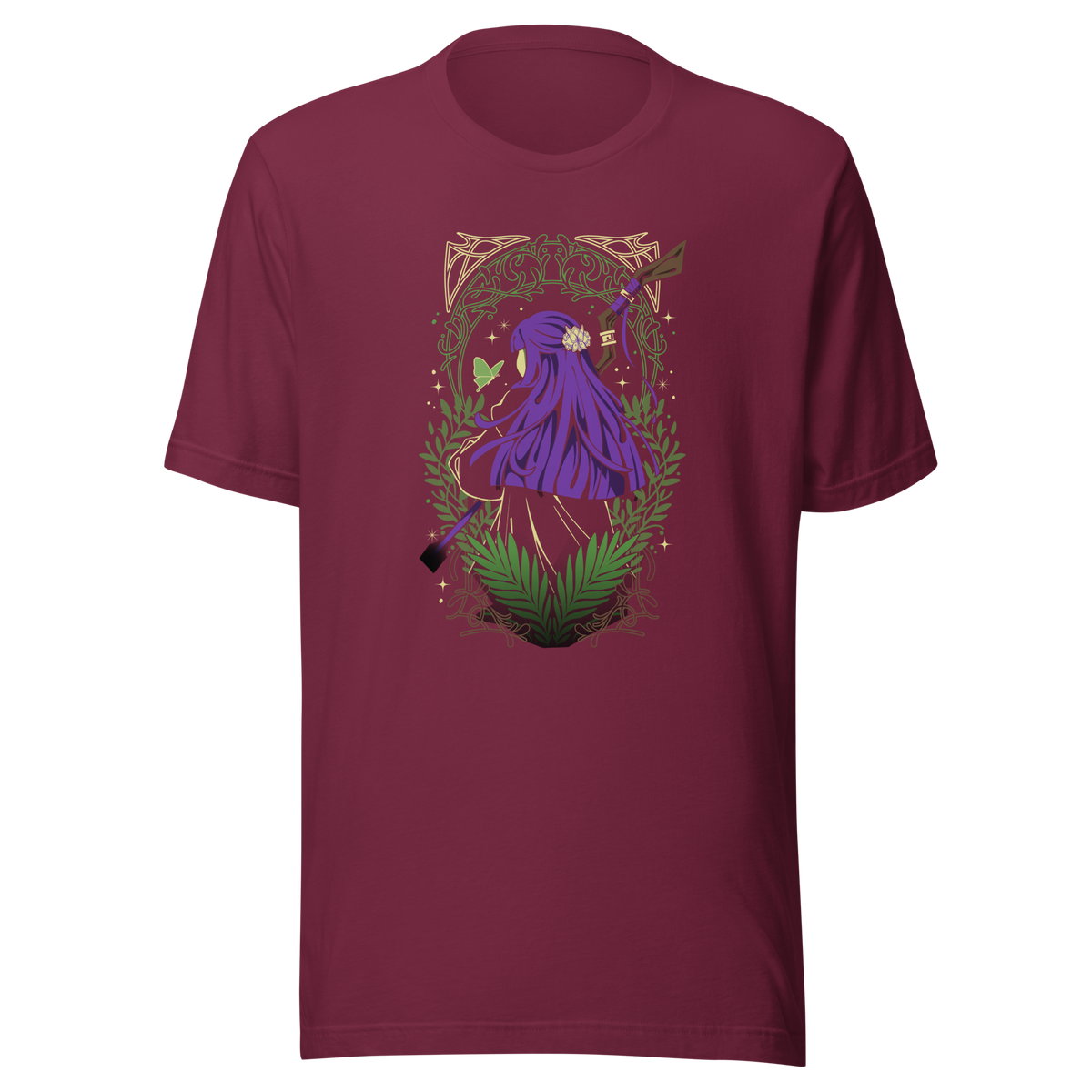 A character with long purple hair and a floral hair ornament stands facing away, holding a wooden staff. Green ferns, leafy branches, a butterfly, and decorative golden patterns surround the figure.