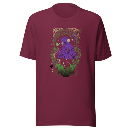 A character with long purple hair and a floral hair ornament stands facing away, holding a wooden staff. Green ferns, leafy branches, a butterfly, and decorative golden patterns surround the figure.