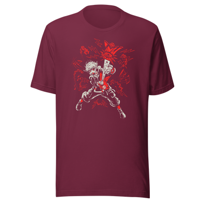 A fierce punk-inspired guitarist plays a red electric guitar in a dynamic pose, surrounded by lightning bolts, musical notes, and bold red-and-white graphics. The high-contrast artwork conveys rebellious energy and intense rock attitude.