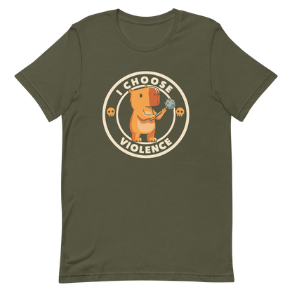 A cute, cartoonish burnt yellow capybara stands holding a spiked mace with a determined expression. Surrounding it is a circular design with the text 'I CHOOSE VIOLENCE' and two small skulls on either side, giving it a humorous yet ironic tone.