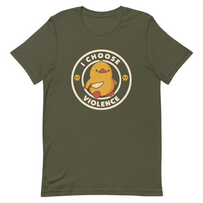 A cute, cartoon-style yellow duckling stands confidently holding a large knife in its wing. The duckling is encircled by text saying 'I CHOOSE VIOLENCE' in bold white letters. Small skull symbols flank the chick on either side, adding a touch of humor and irony to the otherwise adorable drawing.