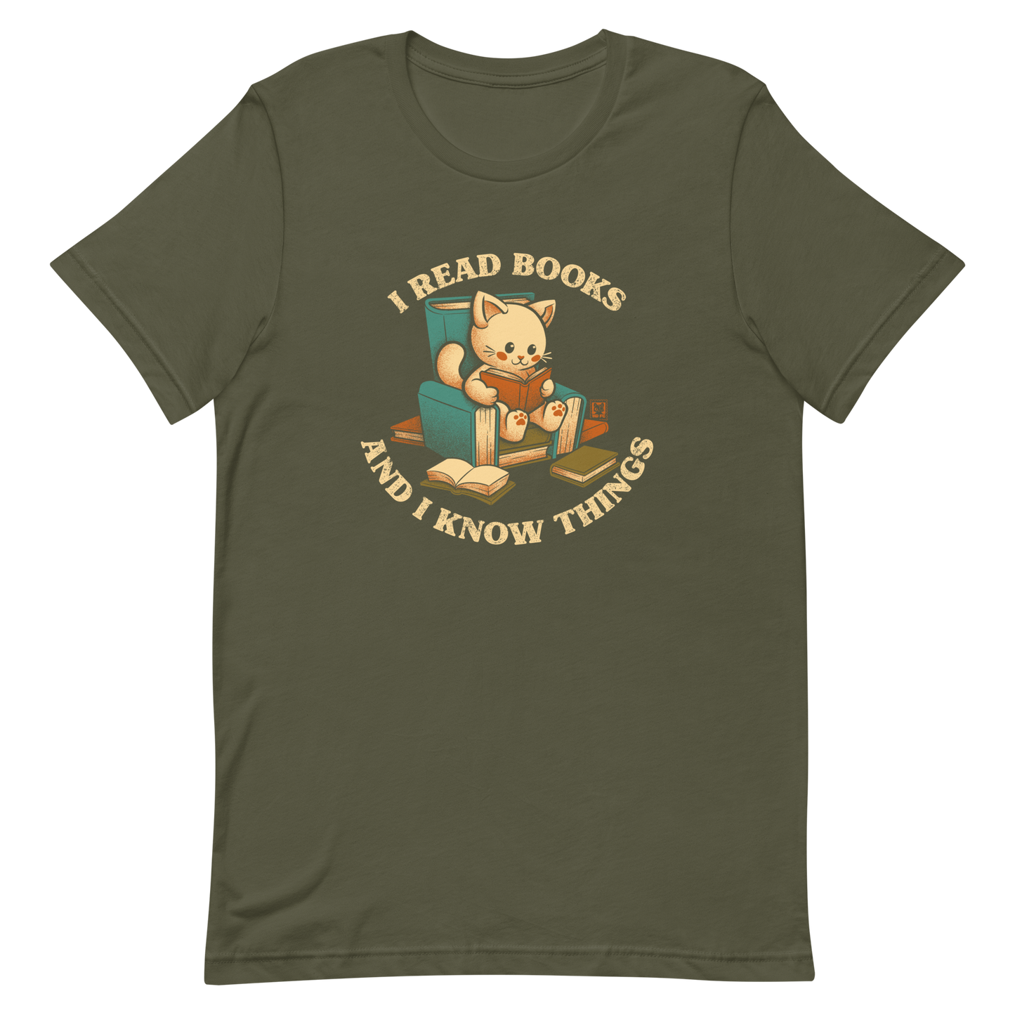 An adorable cat is sitting on a stack of books encircled by the sentence "I READ BOOKS AND I KNOW THINGS". Perfect for book lovers, this design combines wit and cuteness, making it a great choice for those who love reading and cats.