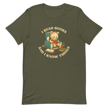 An adorable cat is sitting on a stack of books encircled by the sentence "I READ BOOKS AND I KNOW THINGS". Perfect for book lovers, this design combines wit and cuteness, making it a great choice for those who love reading and cats.