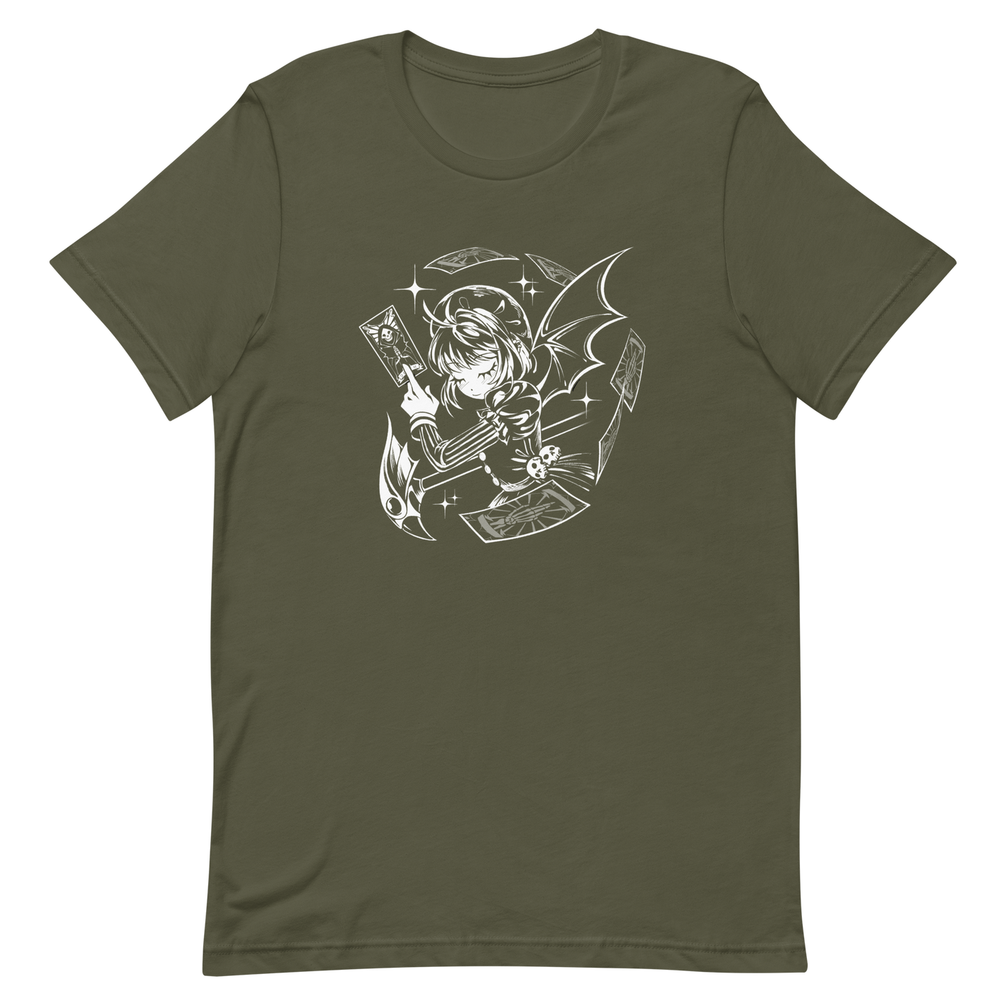 Black-and-white illustration of a gothic anime-style girl with bat wings, holding a magical card while floating cards swirl around her, along with sparkles and a stylized scepter.