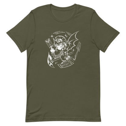 Black-and-white illustration of a gothic anime-style girl with bat wings, holding a magical card while floating cards swirl around her, along with sparkles and a stylized scepter.