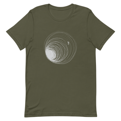 A big black hole with an astronaut floating around as if being sucked into it. A minimalist art perfect for those who love space.