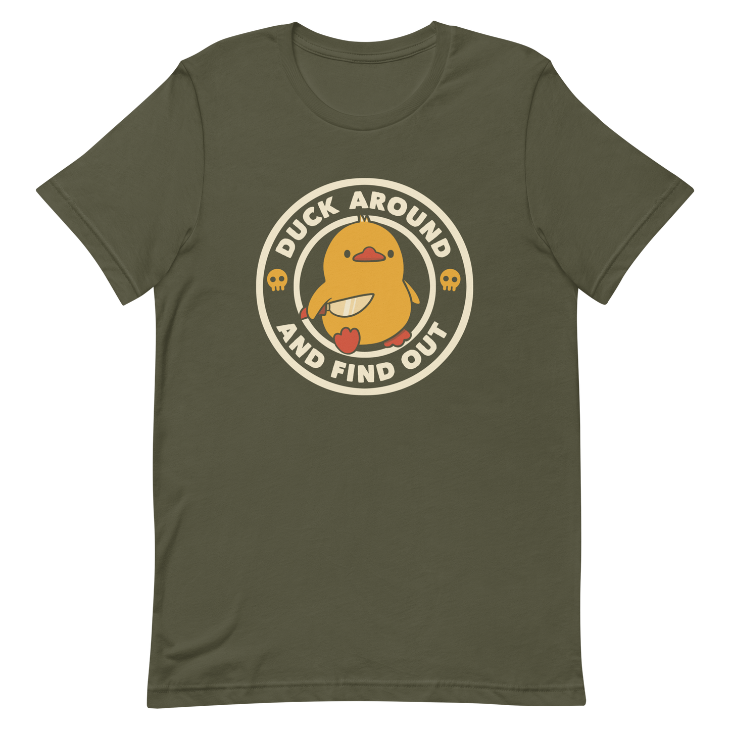 A cute yellow duck holding a small knife, around it the text "Duck Around And Find Out". An art that mixes humor with the temperament of ducks.