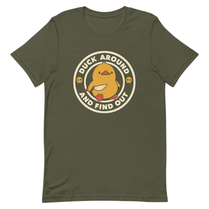 A cute yellow duck holding a small knife, around it the text "Duck Around And Find Out". An art that mixes humor with the temperament of ducks.