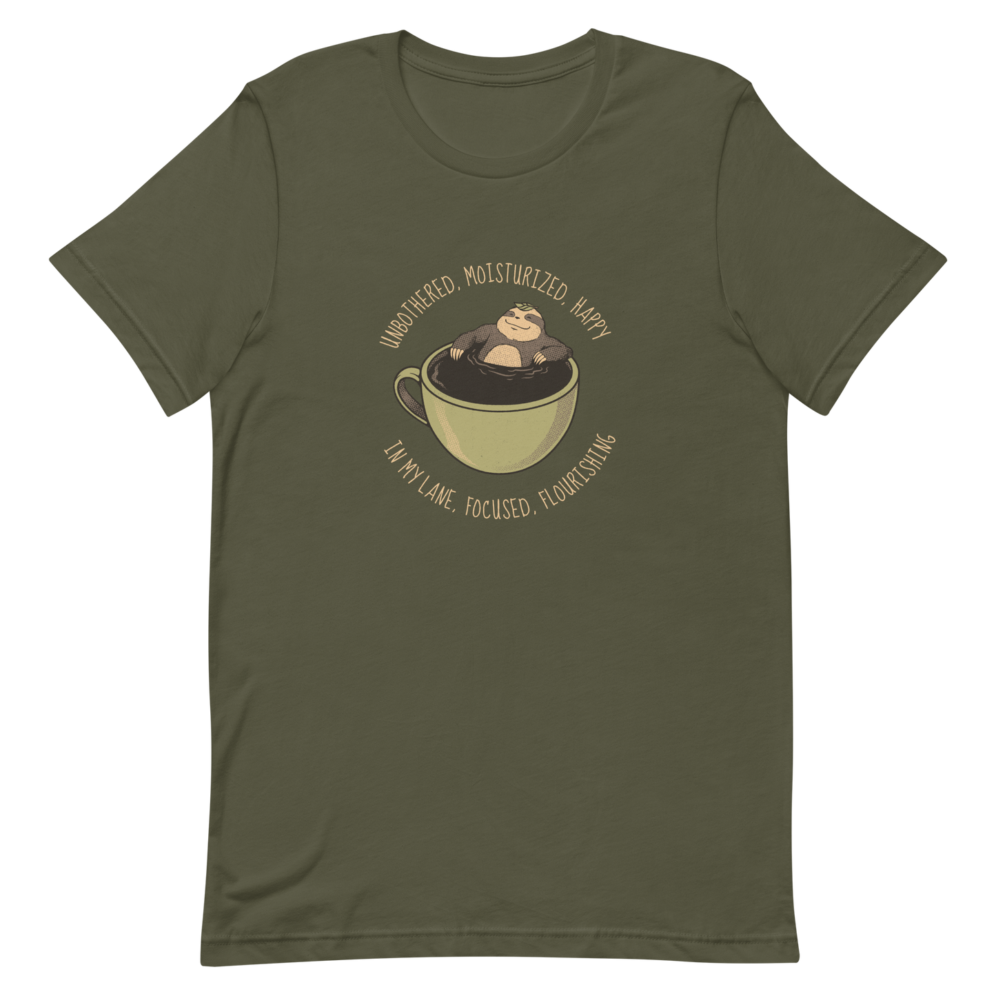 A relaxed sloth floats inside a big cup of coffee, surrounded by the phrase “Unbothered, moisturized, happy, in my lane, focused, flourishing”. This design captures the perfect mix of calm energy and self-confidence. Ideal for coffee lovers, cozy souls and sloth lovers.