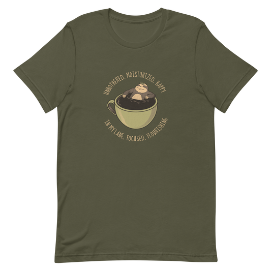 A relaxed sloth floats inside a big cup of coffee, surrounded by the phrase “Unbothered, moisturized, happy, in my lane, focused, flourishing”. This design captures the perfect mix of calm energy and self-confidence. Ideal for coffee lovers, cozy souls and sloth lovers.
