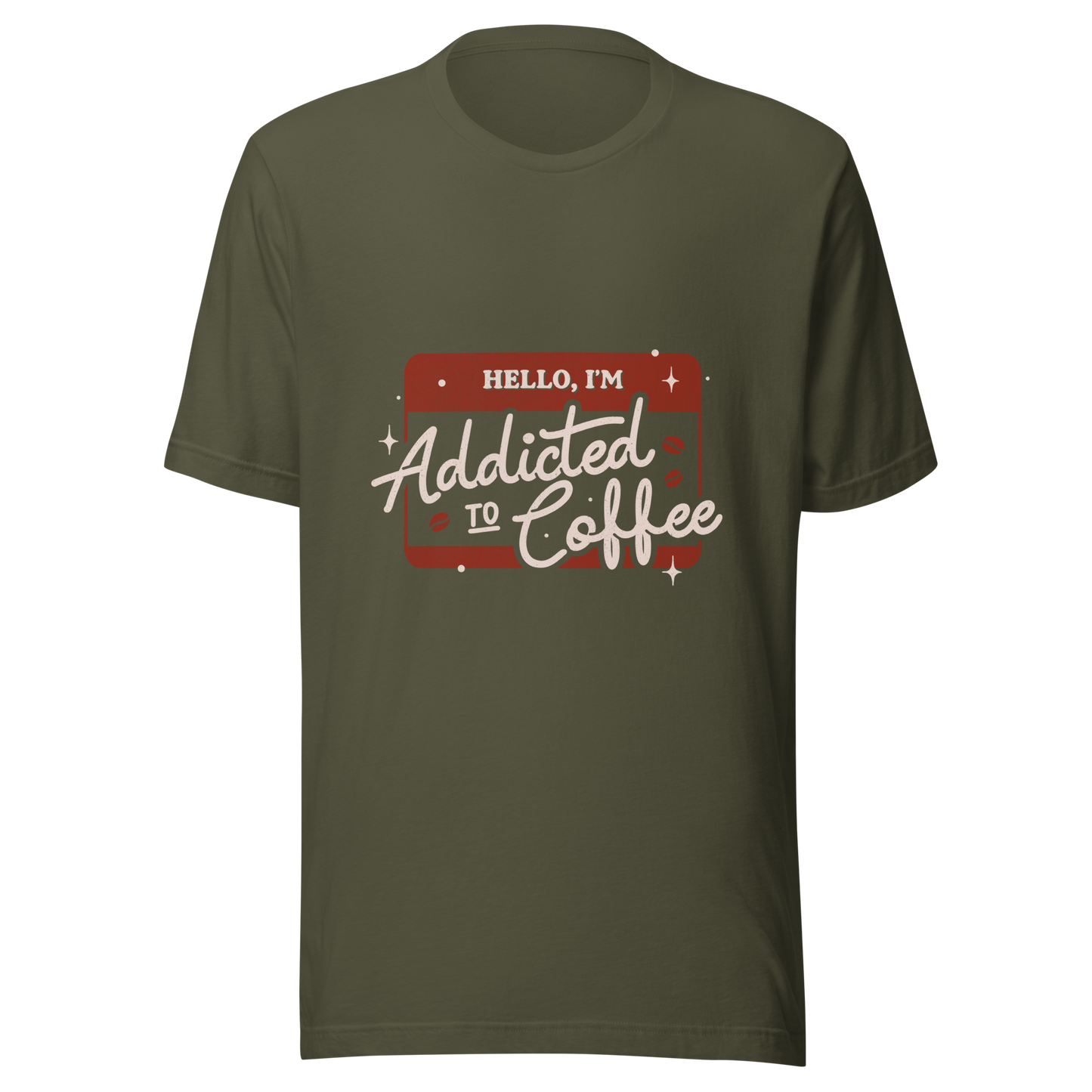 A vintage badge in shades of red with the phrase "Hello, I'm Addicted to 
Coffee" in stylized typography. This design celebrates the passion for coffee 
with a touch of humor. Perfect for coffee lovers, baristas, and everyone who only functions after the first cup.