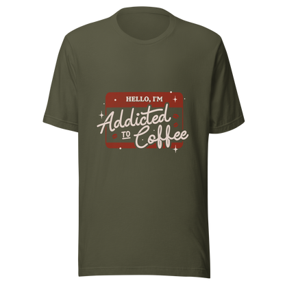 A vintage badge in shades of red with the phrase "Hello, I'm Addicted to 
Coffee" in stylized typography. This design celebrates the passion for coffee 
with a touch of humor. Perfect for coffee lovers, baristas, and everyone who only functions after the first cup.