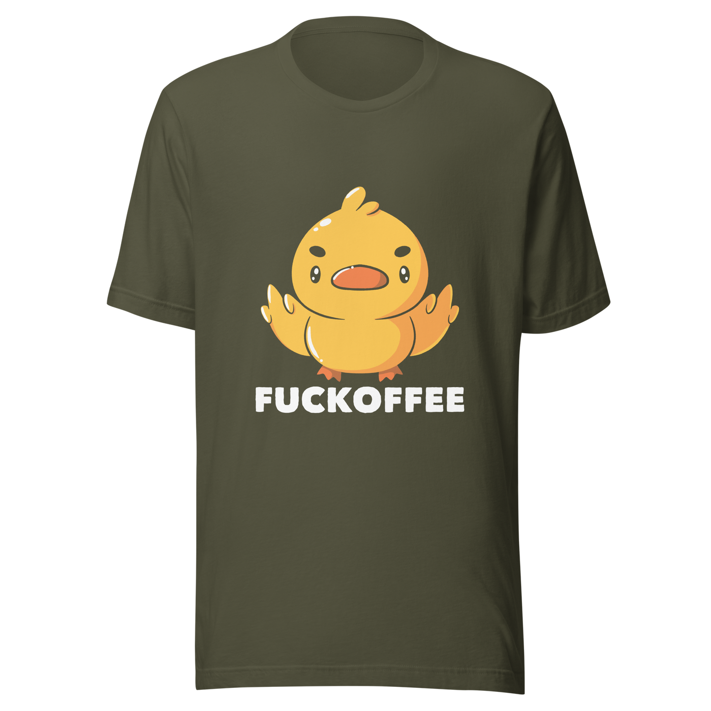 A cute yellow duckling with a mean face showing his middle fingers, next to it the phrase "Fuckoffee". An art with humor for those who love ducks.