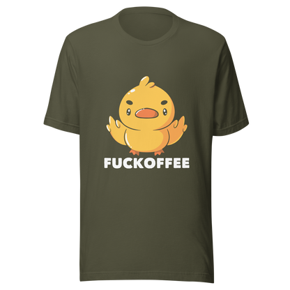 A cute yellow duckling with a mean face showing his middle fingers, next to it the phrase "Fuckoffee". An art with humor for those who love ducks.