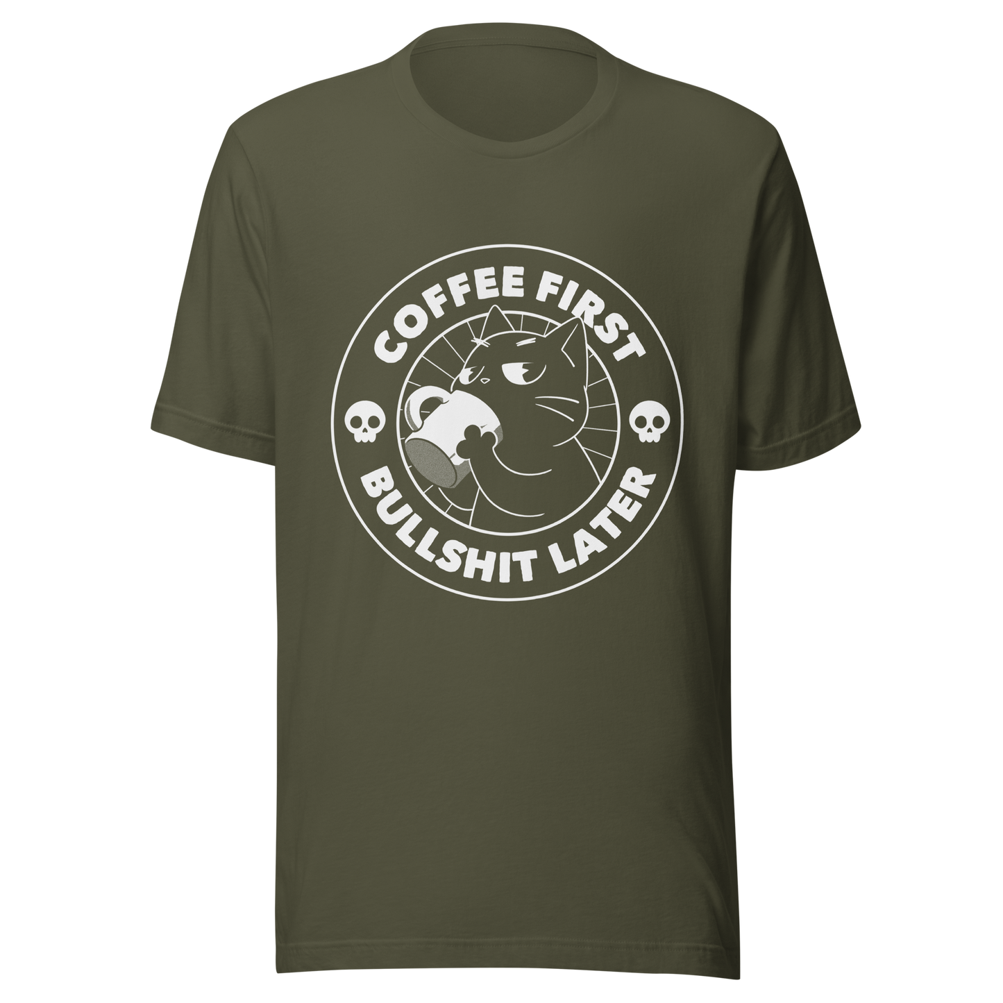 A black cat enjoys a hot cup of coffee, surrounded by the phrase “Coffee First Bullshit Later” adorned with skulls. This design combines dark humor with a touch of humor, perfect for those who face the day with equal doses of coffee and sarcasm. Made for lovers of felines, sarcasm and that extra dose of morning caffeine.