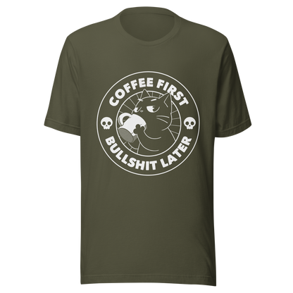 A black cat enjoys a hot cup of coffee, surrounded by the phrase “Coffee First Bullshit Later” adorned with skulls. This design combines dark humor with a touch of humor, perfect for those who face the day with equal doses of coffee and sarcasm. Made for lovers of felines, sarcasm and that extra dose of morning caffeine.
