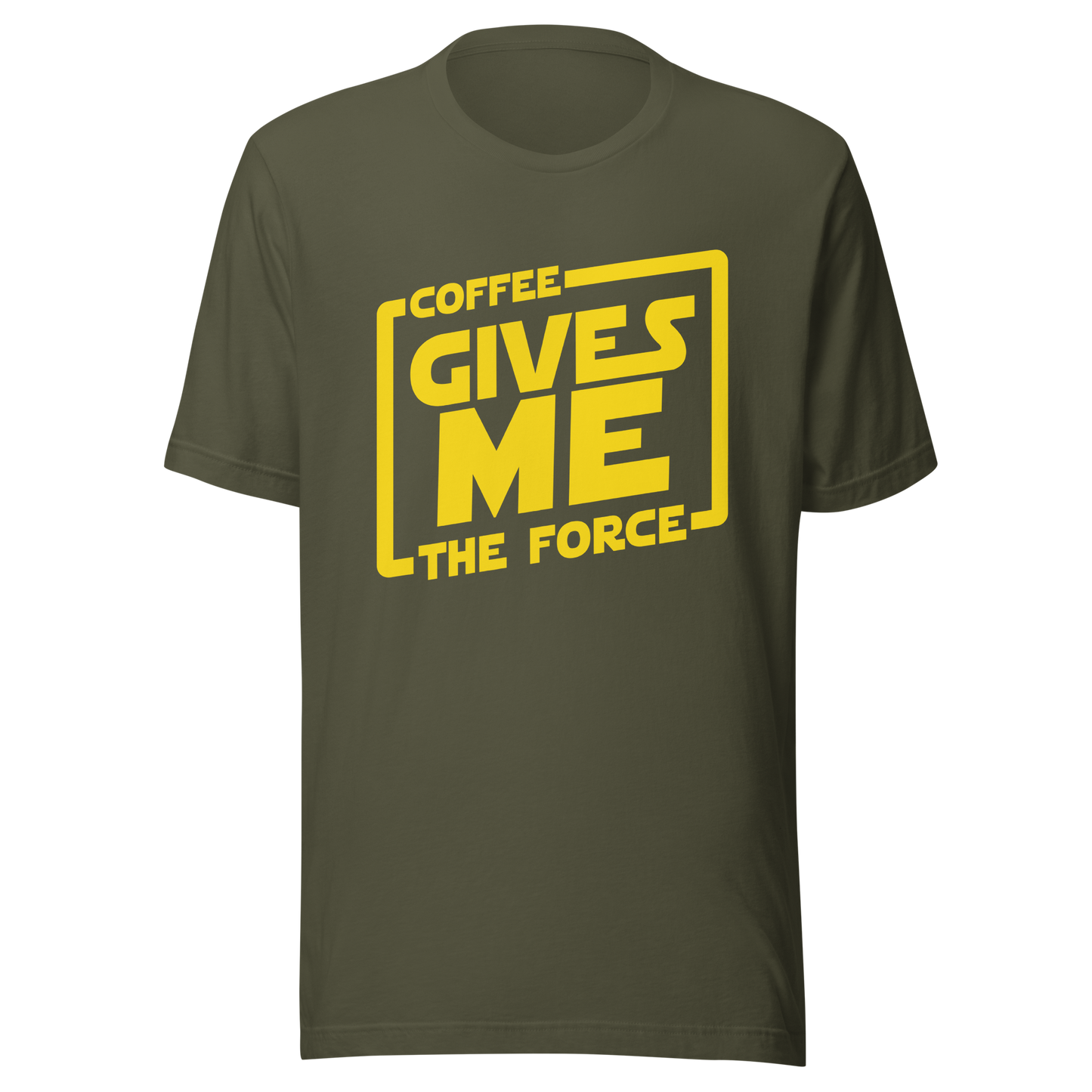 An artwork in yellow inspired by classic space adventure movies, featuring the phrase “Coffee Gives Me The Force”. A fun design for coffee lovers, sci-fi fans and anyone powered by caffeine and galaxy vibes.