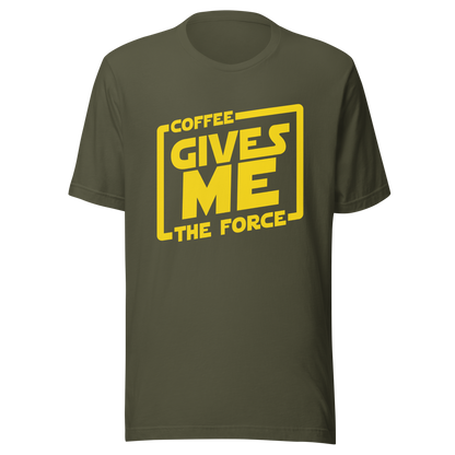 An artwork in yellow inspired by classic space adventure movies, featuring the phrase “Coffee Gives Me The Force”. A fun design for coffee lovers, sci-fi fans and anyone powered by caffeine and galaxy vibes.