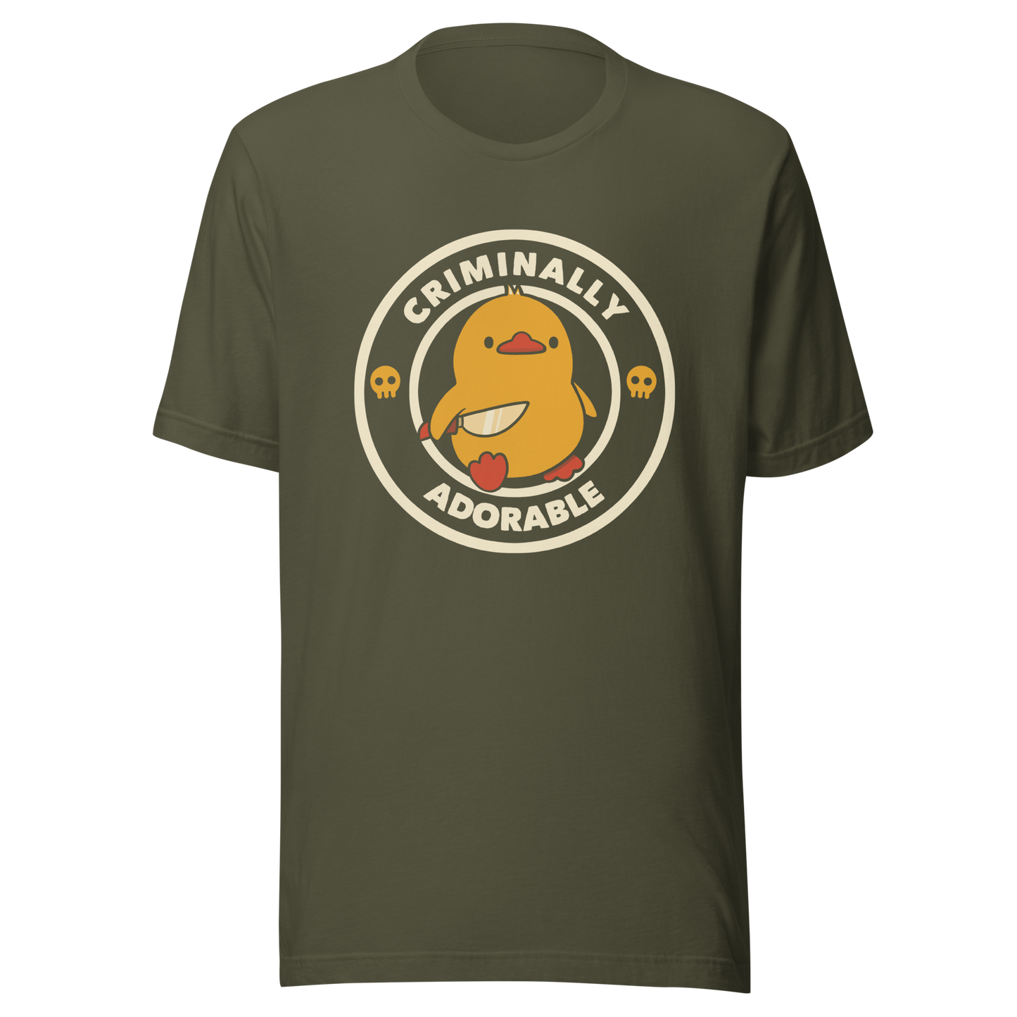 A cute yellow duck holding a small knife, around it the text "Criminally Adorable". An art that mixes humor with the temperament of ducks.