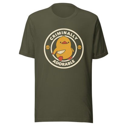 A cute yellow duck holding a small knife, around it the text "Criminally Adorable". An art that mixes humor with the temperament of ducks.