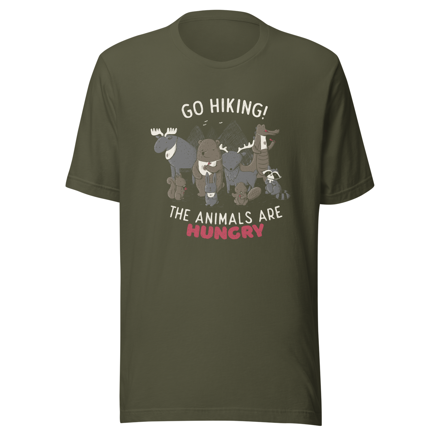 A playful nighttime illustration of cute animals gathered around a meal, holding utensils and napkins, ready to eat. Paired with the humorous phrase “Go Hiking! The Animals Are Hungry”, this whimsical design is perfect for animal lovers, fans of ironic humour, and anyone who enjoys fun art with a cheeky twist.